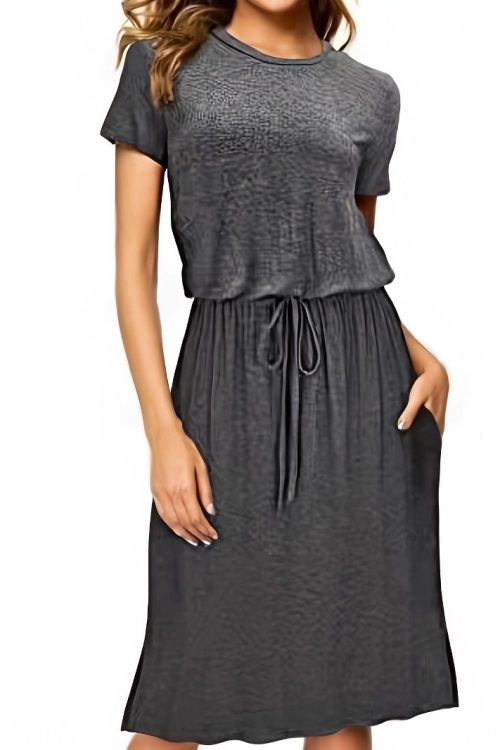 Waist-tight Pure Color Split Irregular Crew Neck Dress