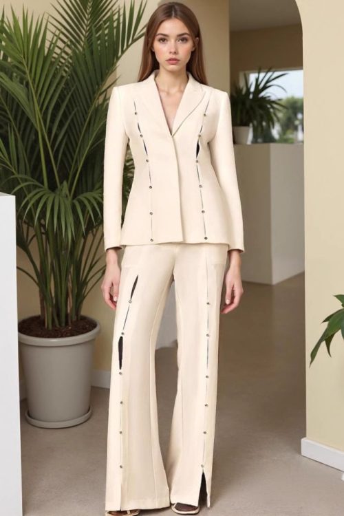 Metal Decorative Strip Embellished Design Trousers Slim Fit Long-sleeve Suit