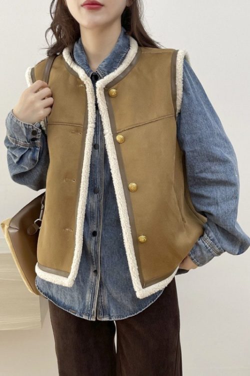 Retro Crew Neck Short Leather And Fur Vest